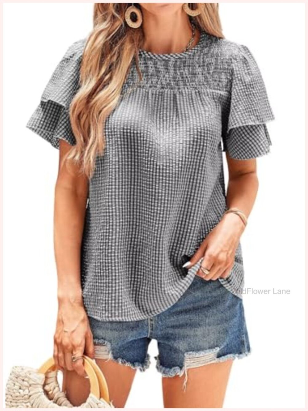 Women's Babydoll Blouse Ruffle Sleeve Gingham Peplum Top